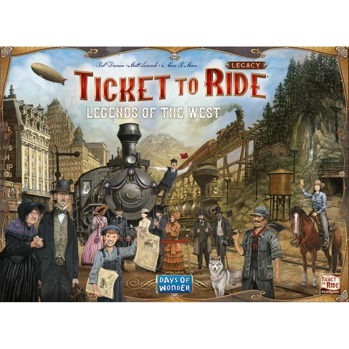 Ticket to Ride Legacy Legends of the West front box artwork featuring trains and railway characters