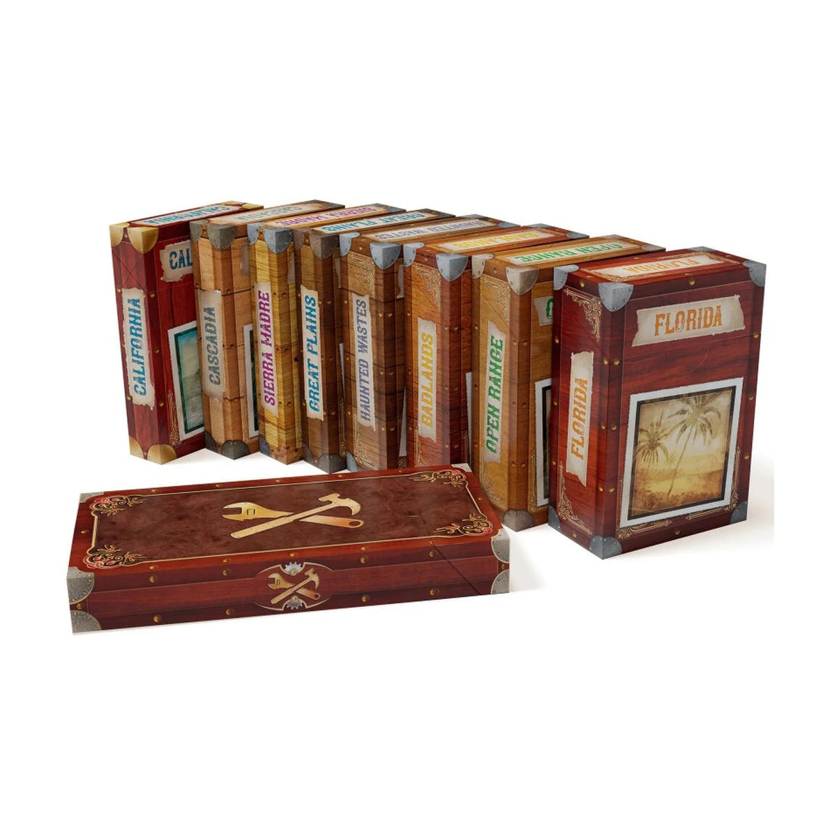 Ticket to Ride Legacy Legends of the West frontier boxes and conductor's toolbox for the 12-game campaign