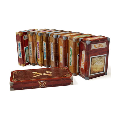 Ticket to Ride Legacy Legends of the West frontier boxes and conductor's toolbox for the 12-game campaign