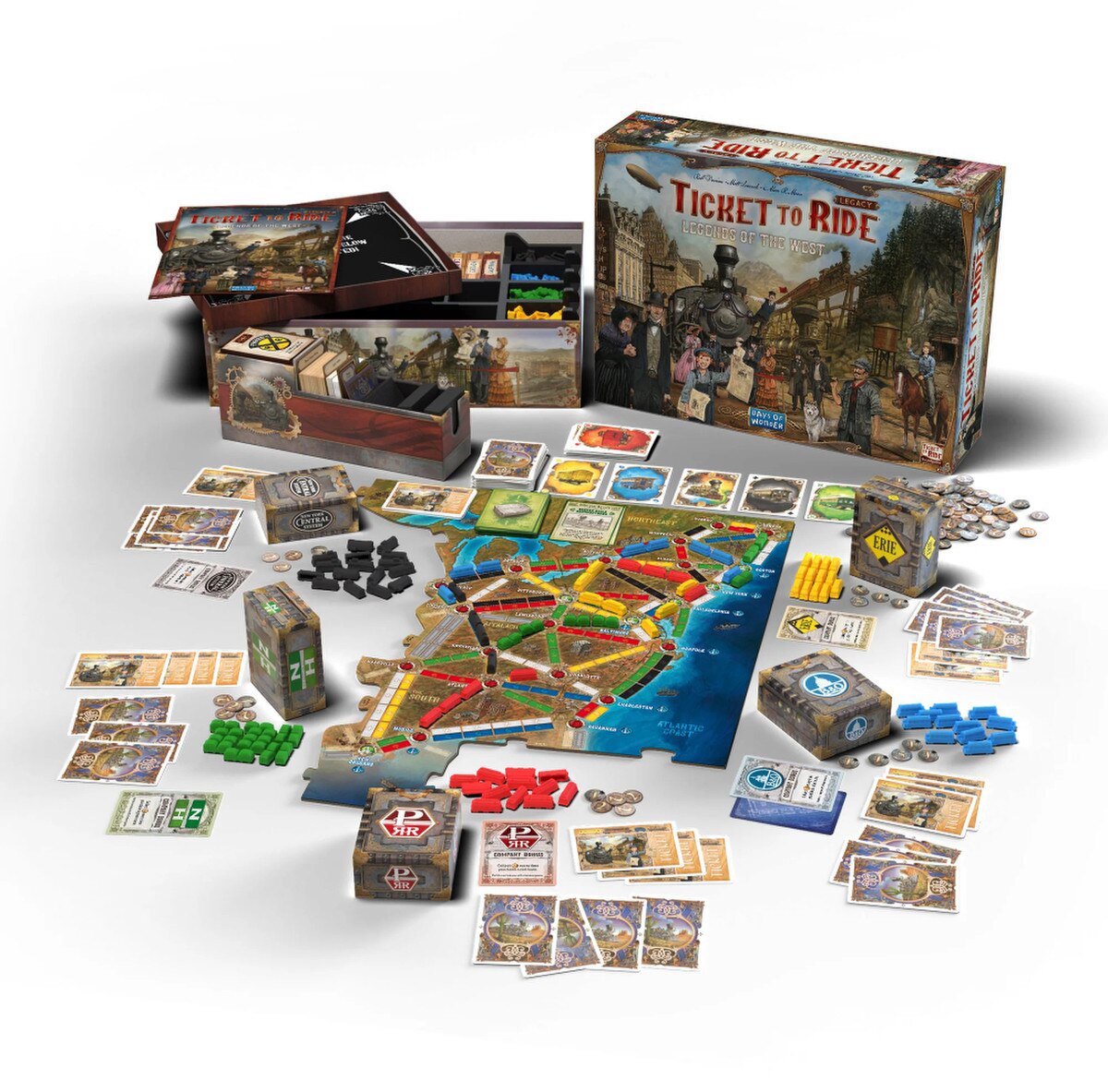 Ticket to Ride Legacy Legends of the West game board, trains, cards, company boxes and campaign components