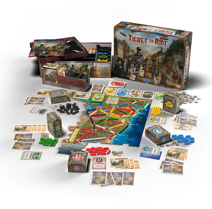 Ticket to Ride Legacy Legends of the West game board, trains, cards, company boxes and campaign components