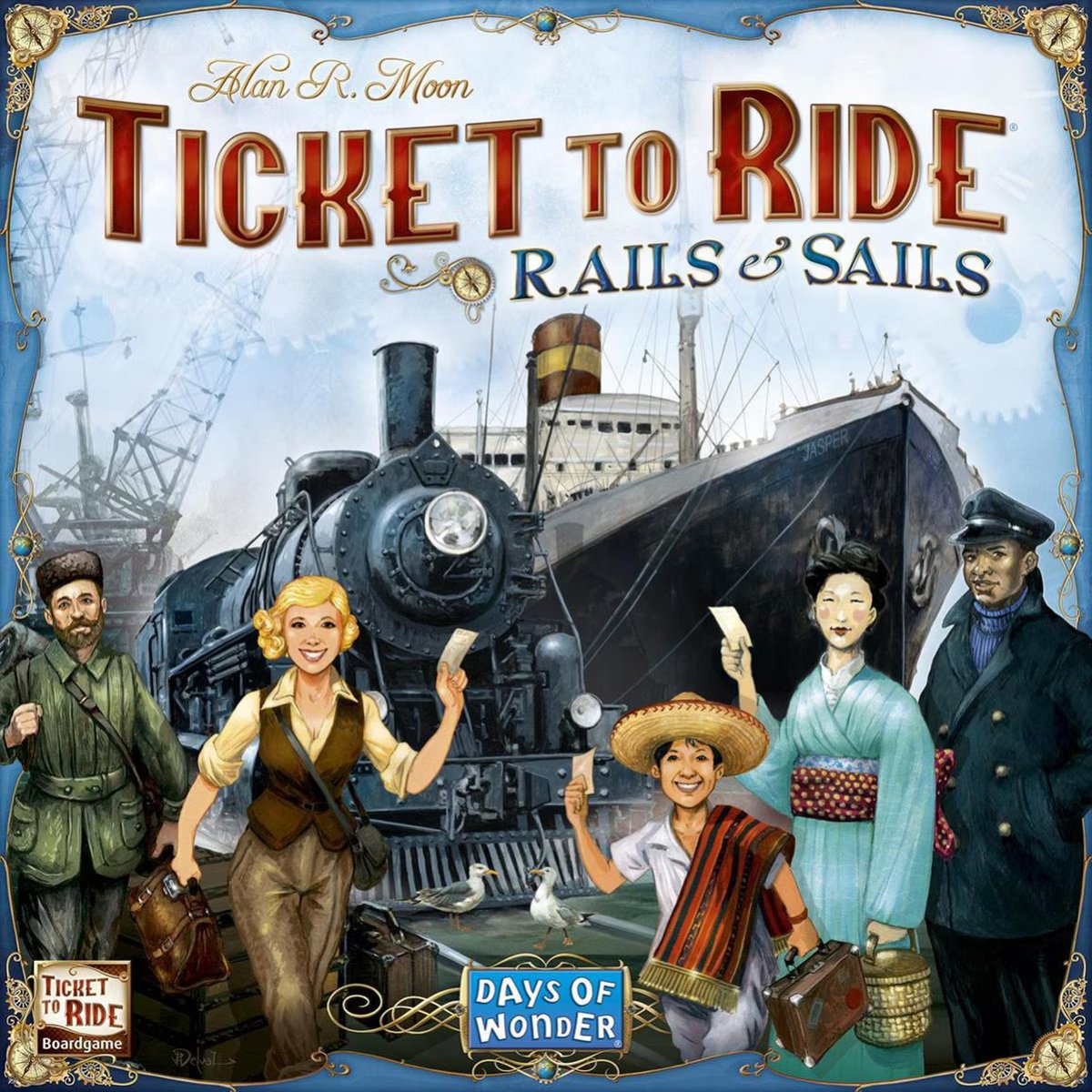 Ticket to Ride Rails & Sails board game box by Days of Wonder featuring a steam train, ocean liner and world travel artwork