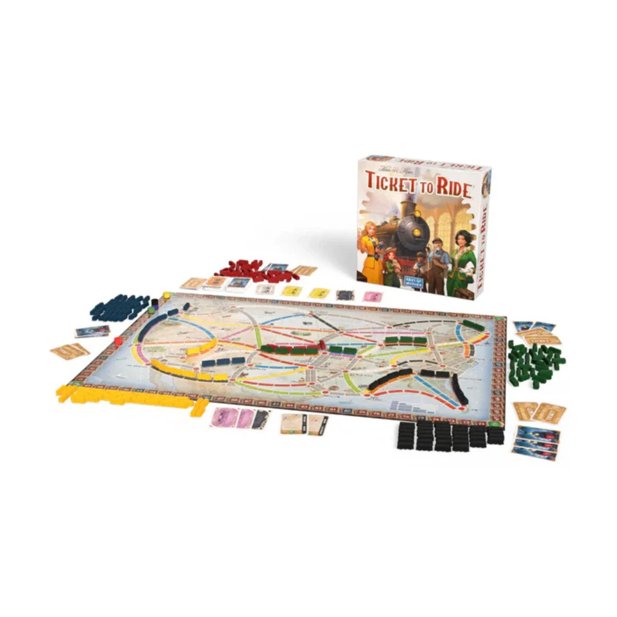 Ticket to Ride 2025 Refresh board game setup with North America map plastic trains cards tickets and game box