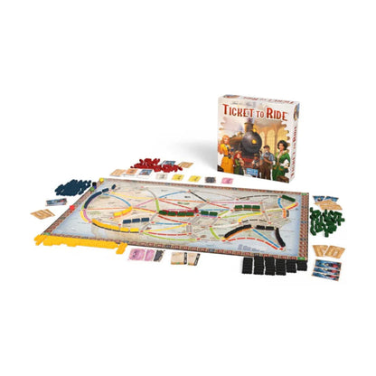 Ticket to Ride 2025 Refresh board game setup with North America map plastic trains cards tickets and game box