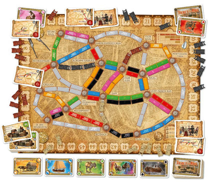 Ticket to Ride Amsterdam board game map with plastic carts transportation cards contract cards and scoring track