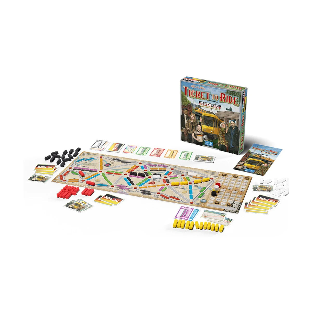 Ticket to Ride Berlin board game setup with Berlin map streetcars subway cars transportation cards and destination tickets