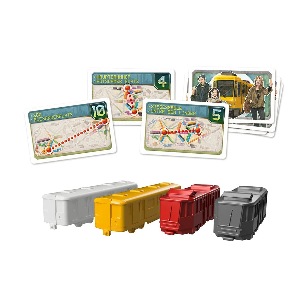 Ticket to Ride Berlin components with destination ticket cards streetcar cards and plastic streetcars in four colours