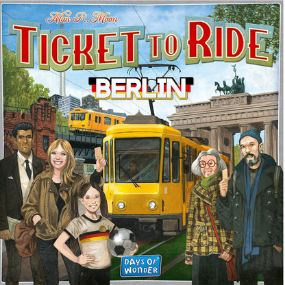 Ticket to Ride Berlin standalone board game front cover by Days of Wonder with yellow streetcar and Berlin city artwork