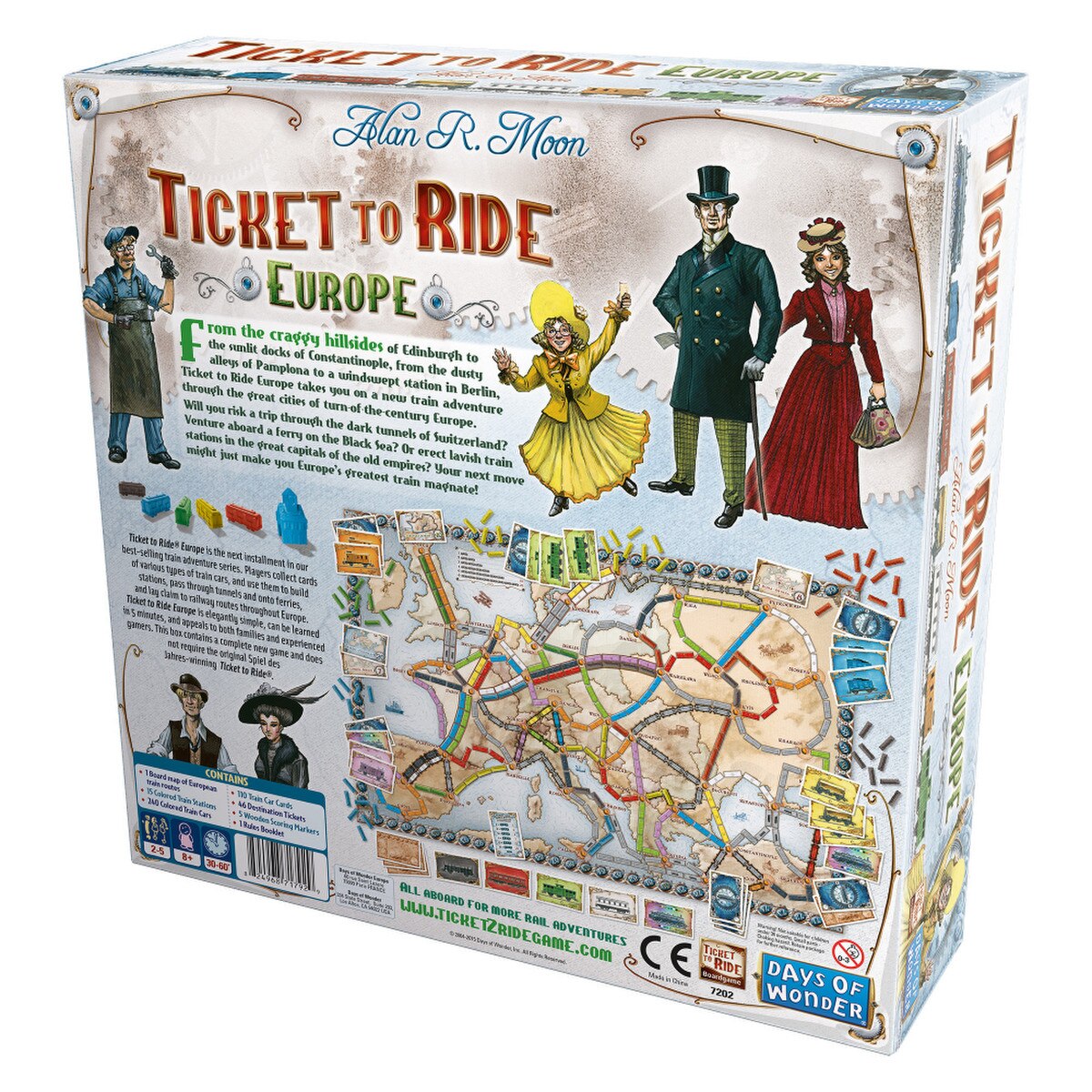 Ticket to Ride Europe board game back of box with map and contents