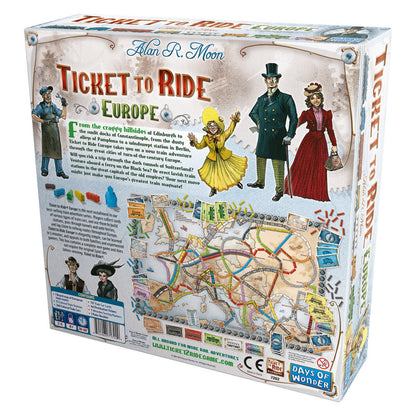 Ticket to Ride Europe board game back of box with map and contents