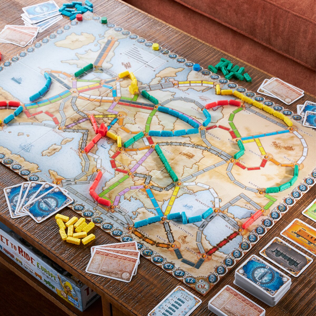 Ticket to Ride Europe board game full map setup with coloured train pieces