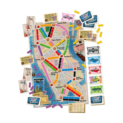 Ticket to Ride New York gameplay board with taxis cards tickets and scorepad