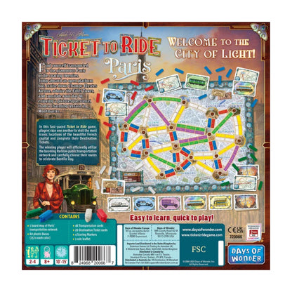 Ticket to Ride Paris back box with game overview features and contents
