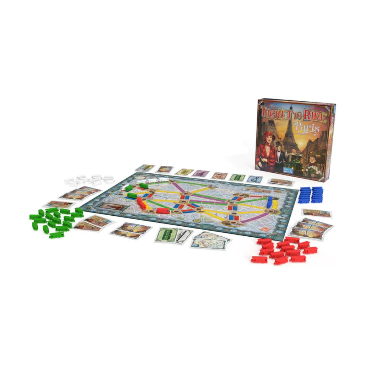Ticket to Ride Paris gameplay board with buses cards tickets and scoring pieces