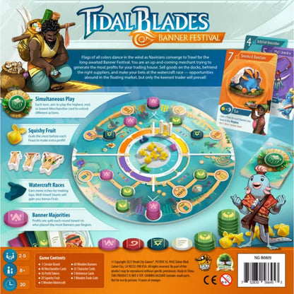 Tidal Blades Banner Festival board game back showing gameplay features, components and player information
