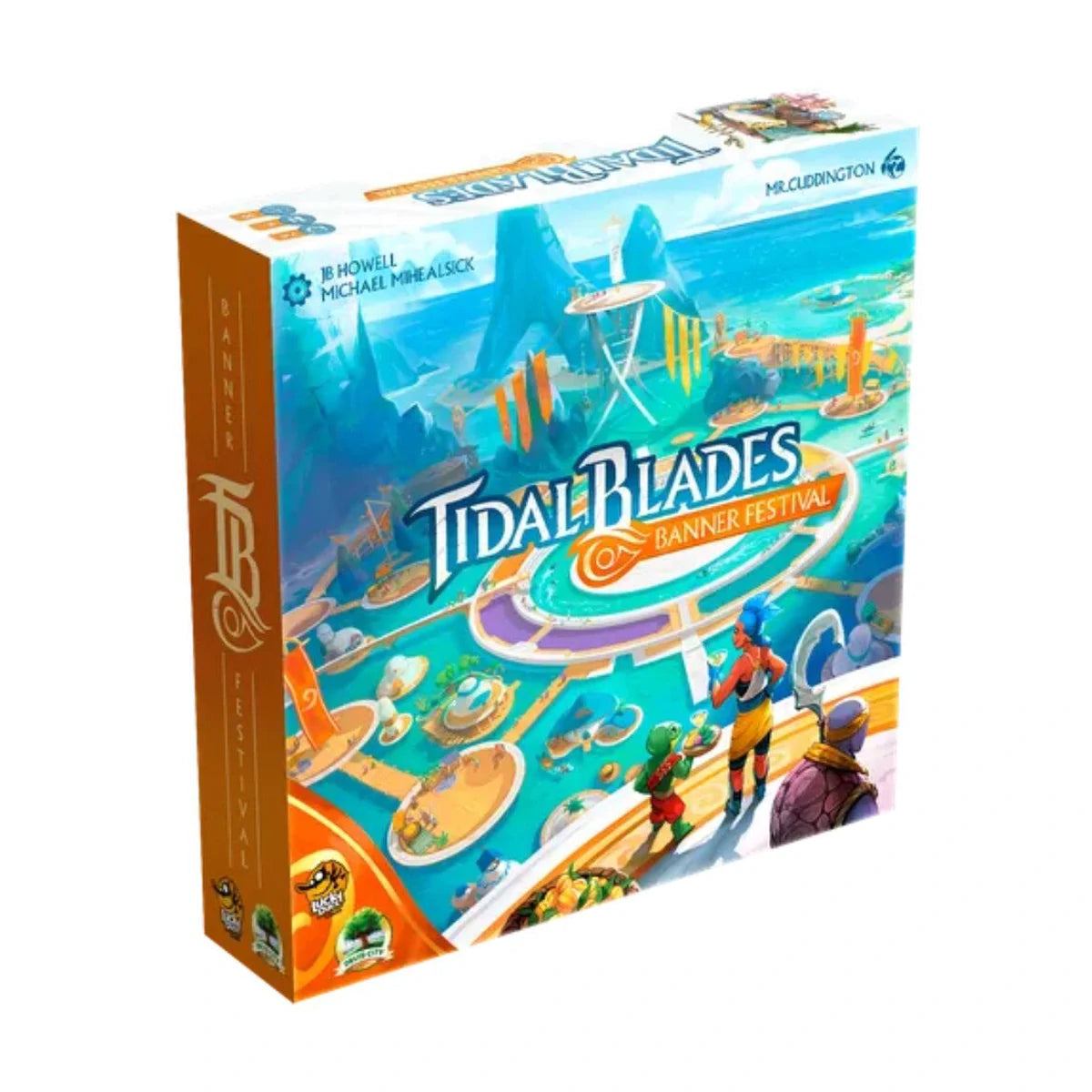Tidal Blades Banner Festival board game box featuring the colourful floating festival of Trawl