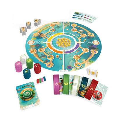 Tidal Blades Banner Festival board game setup with circular board, banners, cards, fruit and watercraft