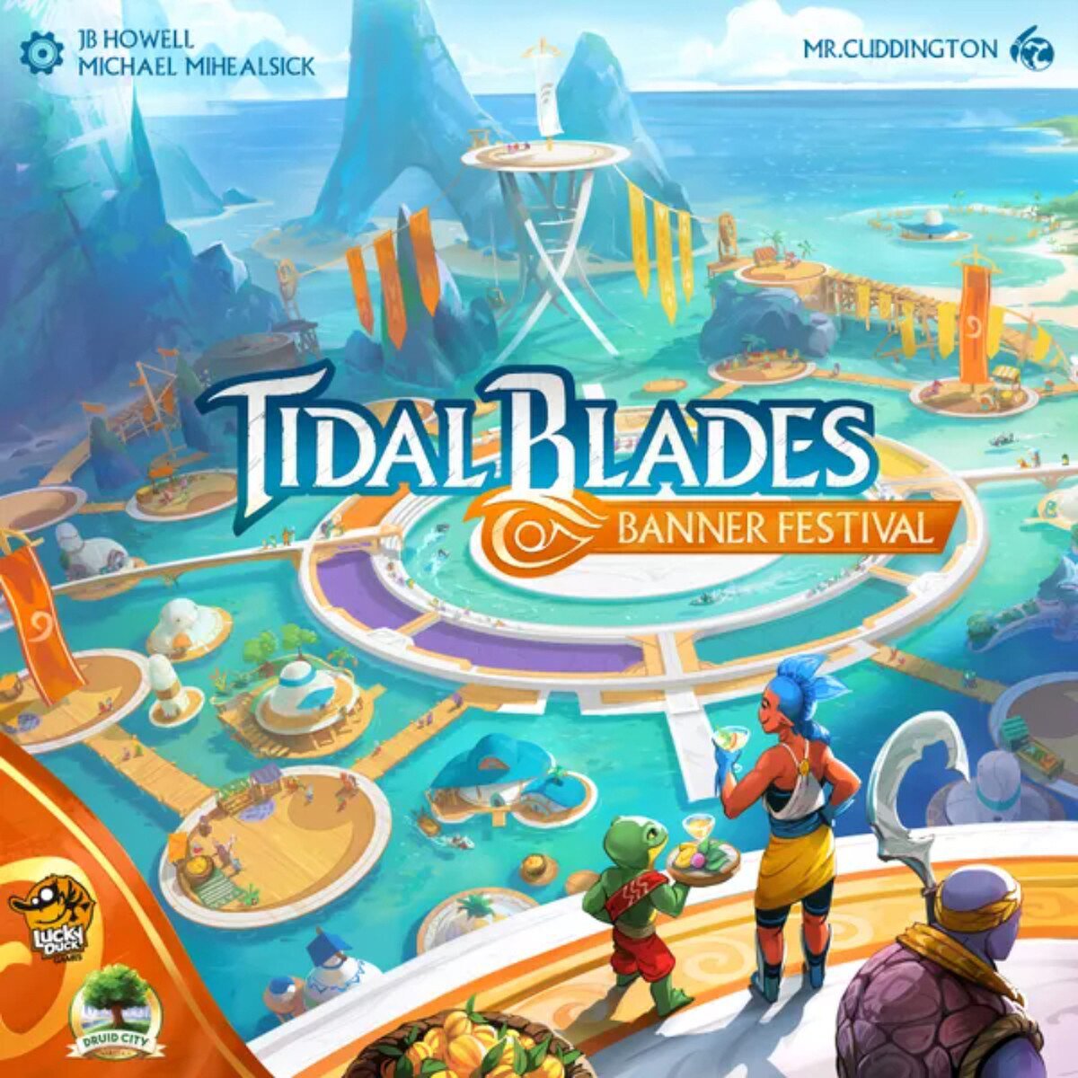 Tidal Blades Banner Festival board game cover art overlooking the colourful floating festival in Trawl