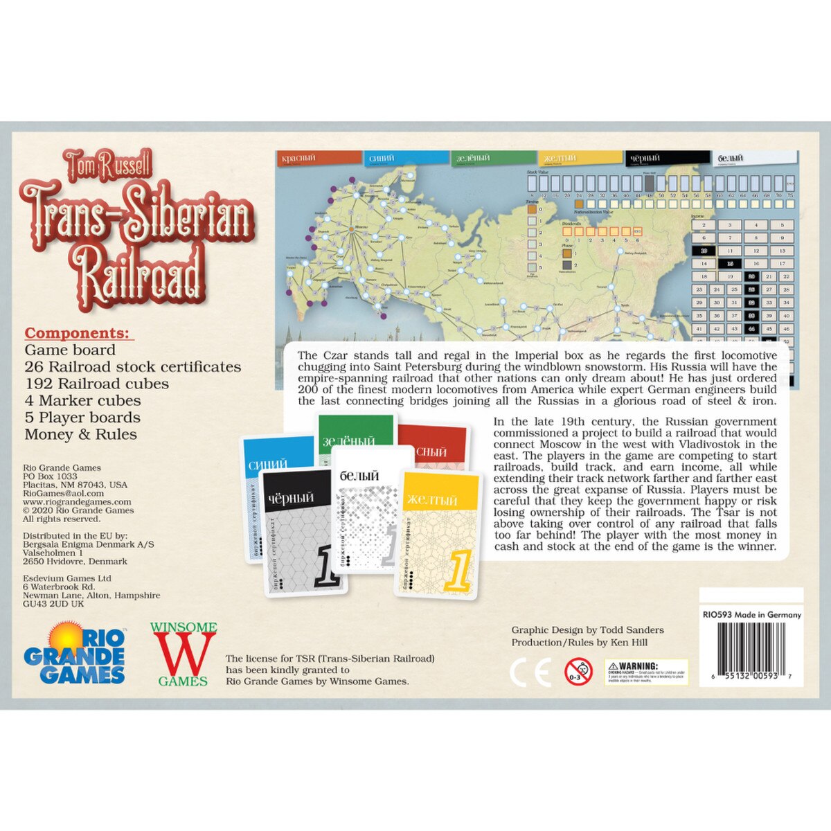 Trans-Siberian Railroad board game back box showing components, Russia railway map, stock certificates and game summary