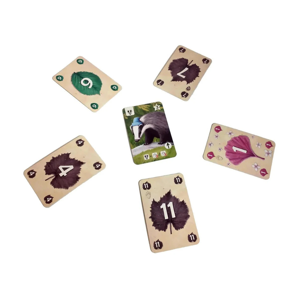 Tricky Badger Card Game trick example with a badger collection card and numbered coloured leaf cards
