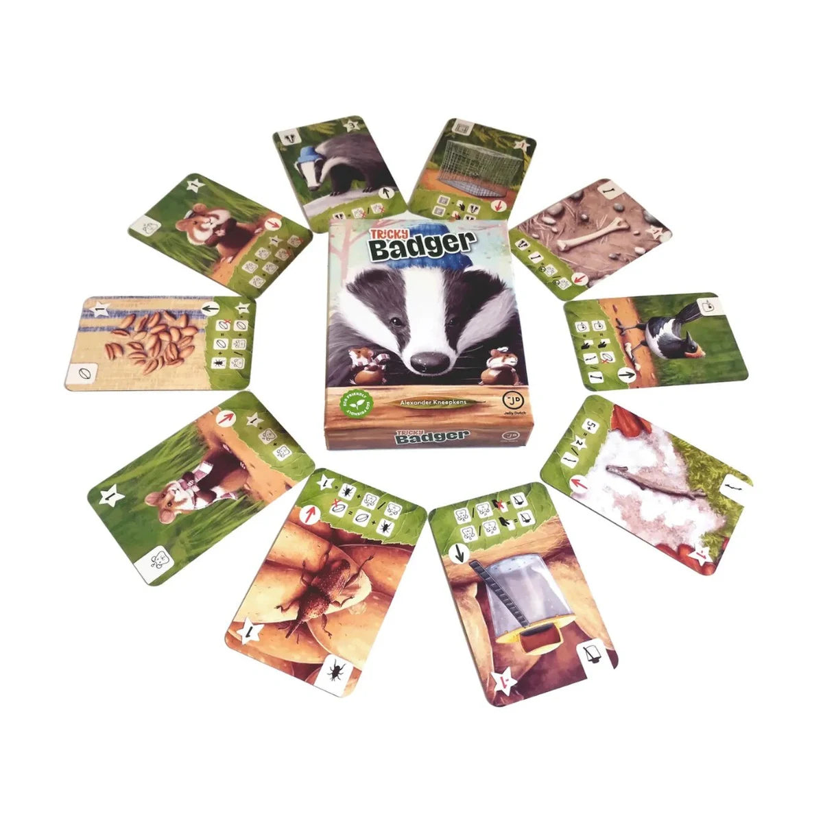 Tricky Badger Card Game box surrounded by illustrated badger, hamster and other collection cards