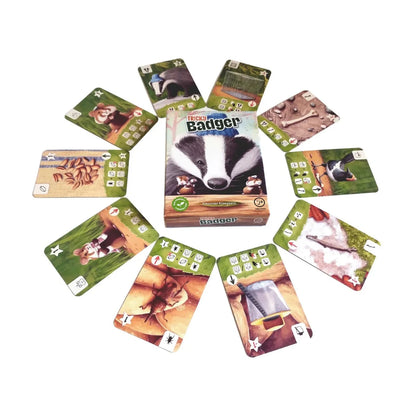 Tricky Badger Card Game box surrounded by illustrated badger, hamster and other collection cards