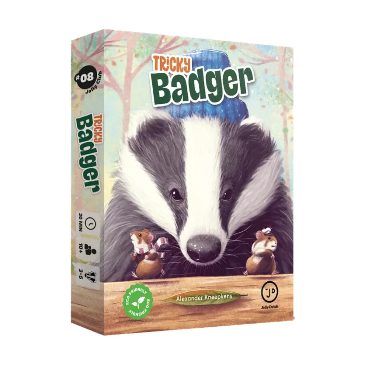 Tricky Badger Card Game box by Jolly Dutch featuring a badger and two European hamsters