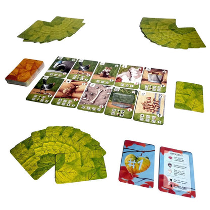 Tricky Badger Card Game components including leaf cards, collection cards, starting player card and overview card