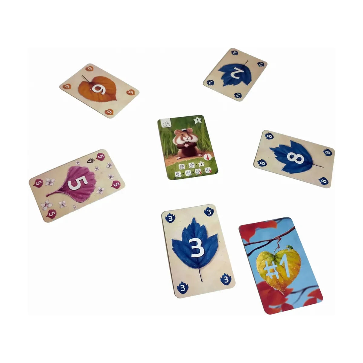 Tricky Badger Card Game trick example with a hamster collection card, numbered leaf cards and starting player card
