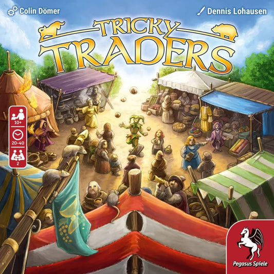 Tricky Traders 2 player strategy board game front cover by Pegasus Spiele with medieval market artwork