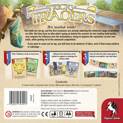 Tricky Traders board game back box showing market influence gameplay, contents and 2 player details