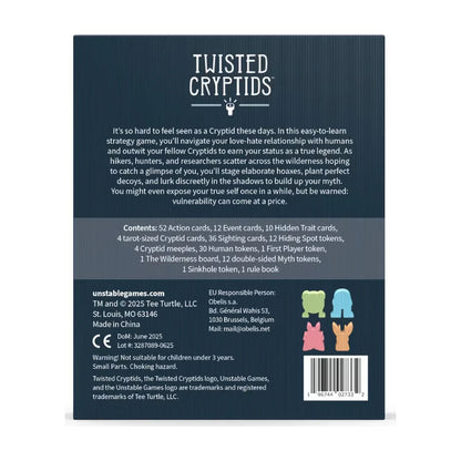 Twisted Cryptids board game box back showing the product description, contents and coloured Cryptid meeples