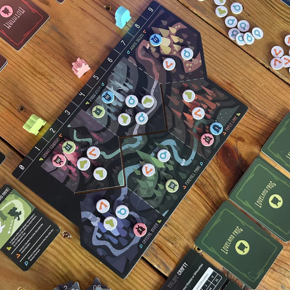 Twisted Cryptids game setup showing the Wilderness board, Human tokens, Cryptid cards and Hiding Spots
