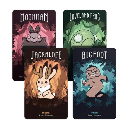 Twisted Cryptids cards featuring Mothman, Loveland Frog, Jackalope and Bigfoot