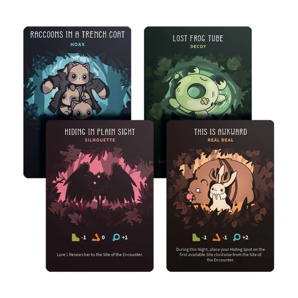 Twisted Cryptids Sighting cards showing Decoy, Hoax, Silhouette and Real Deal examples