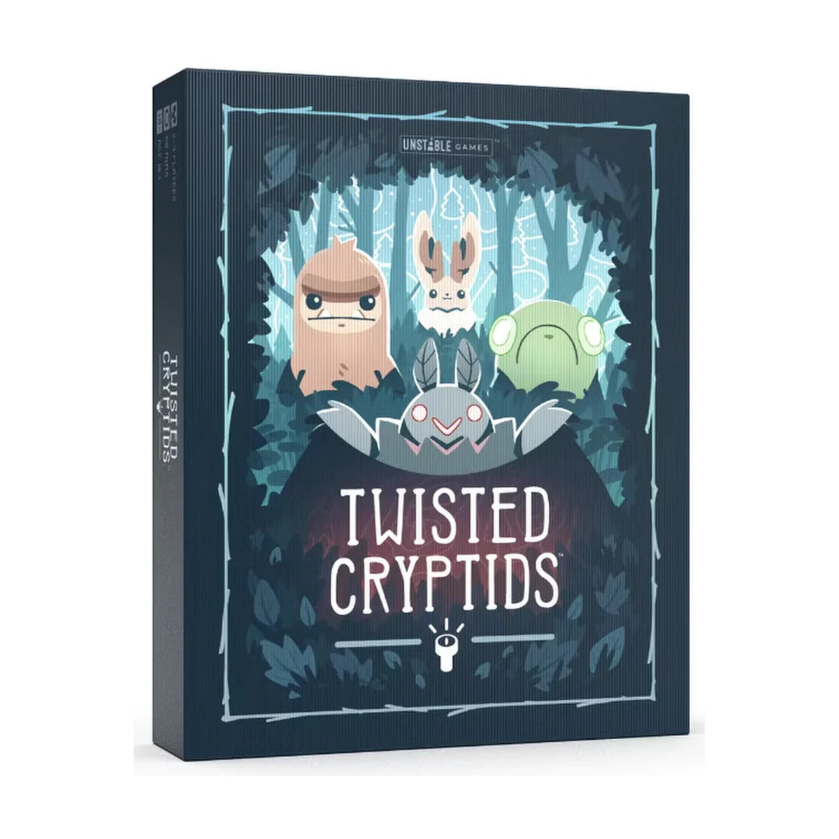 Twisted Cryptids strategy board game box front featuring Bigfoot, Jackalope, Loveland Frog and Mothman
