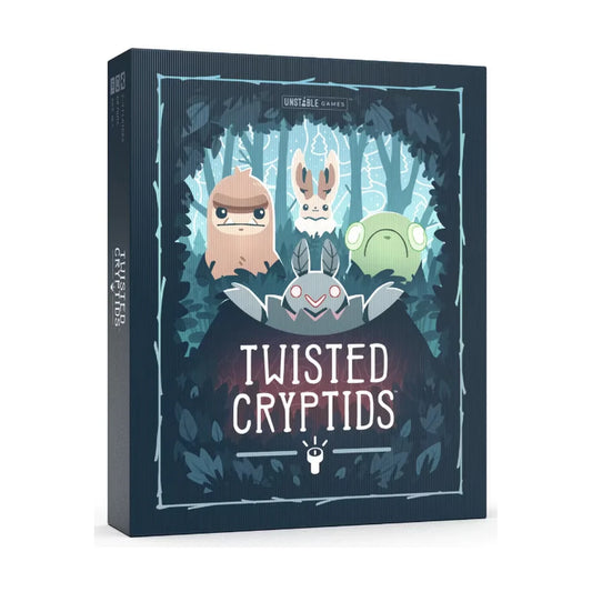 Twisted Cryptids strategy board game box front featuring Bigfoot, Jackalope, Loveland Frog and Mothman
