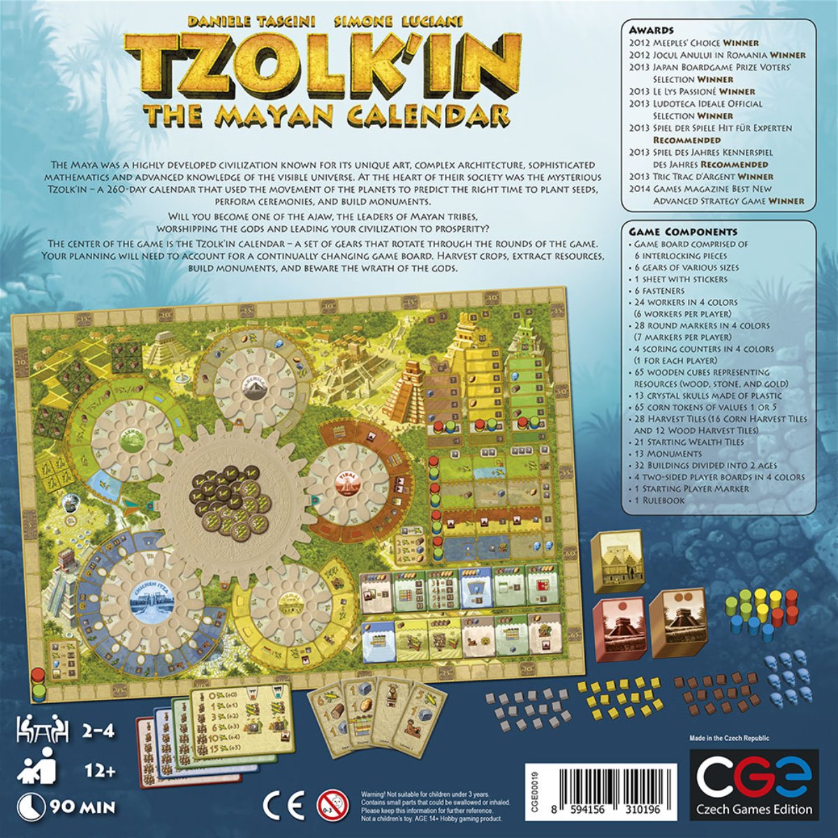 Tzolk’in The Mayan Calendar back of box showing board gears cards tokens and game components