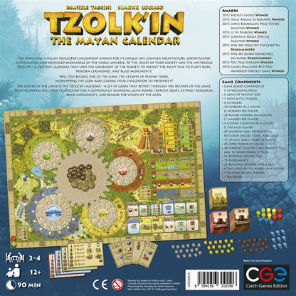 Tzolk’in The Mayan Calendar back of box showing board gears cards tokens and game components