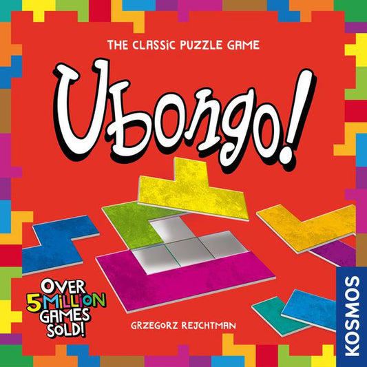 Ubongo geometric puzzle game box front with colourful shape tiles and puzzle board