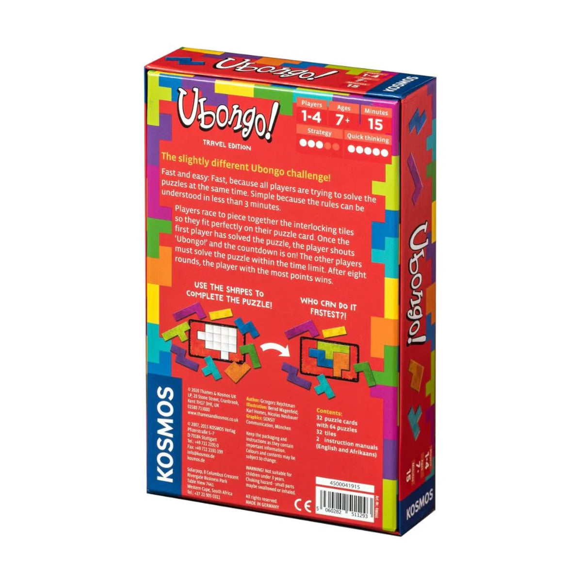 Back of Ubongo Travel Edition puzzle game box with gameplay overview
