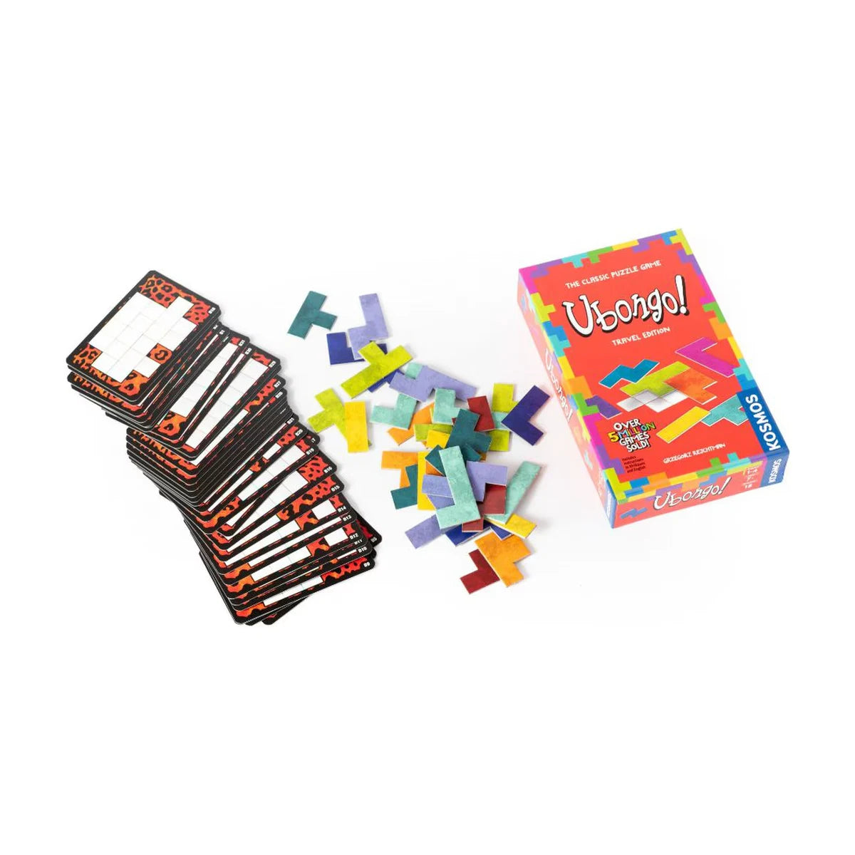 Ubongo Travel Edition box, puzzle cards and colourful puzzle pieces layout