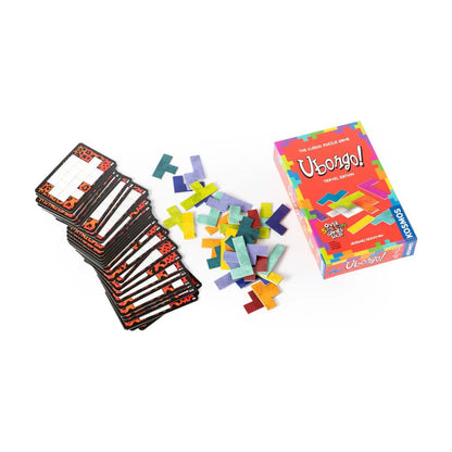 Ubongo Travel Edition box, puzzle cards and colourful puzzle pieces layout