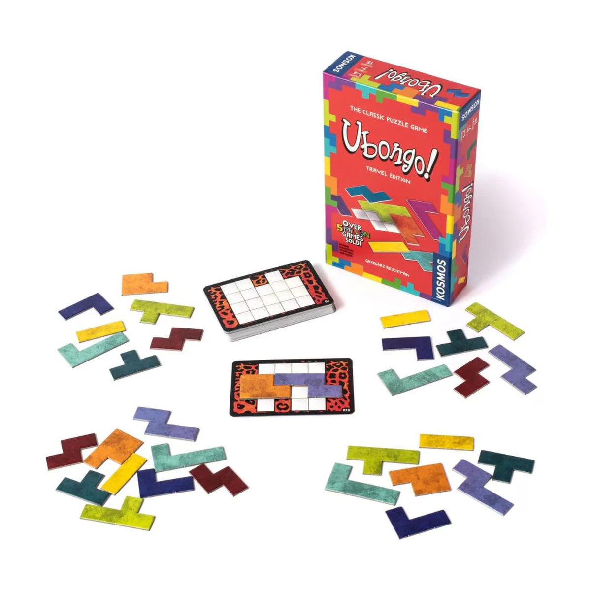 Ubongo Travel Edition puzzle game with box, puzzle cards and colourful pieces
