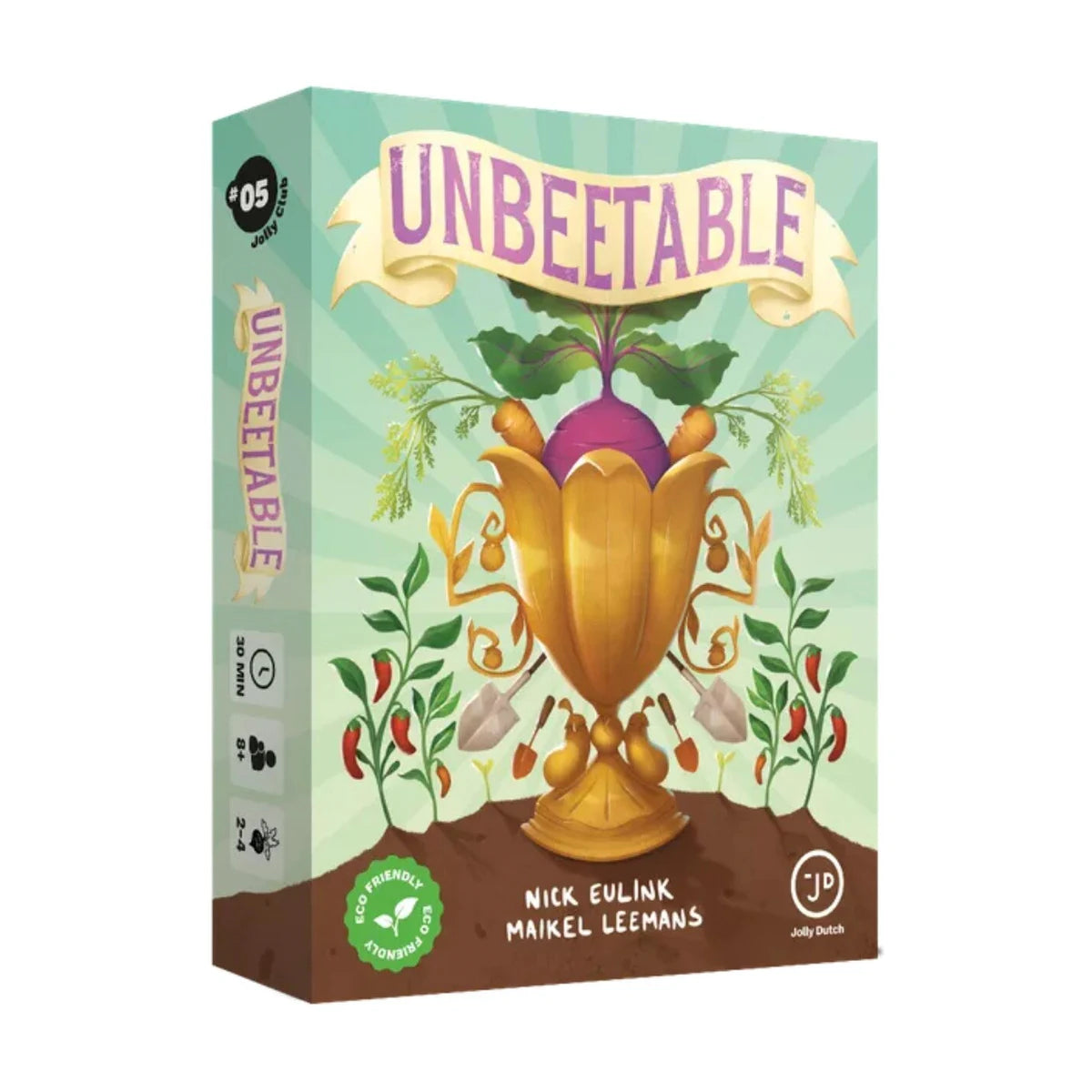 Unbeetable card game box by Jolly Dutch with illustrated vegetable garden trophy