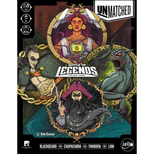 Unmatched Battle of Legends Vol 3 tactical miniature fighting board game front cover with Blackbeard Pandora Loki and Chupacabra