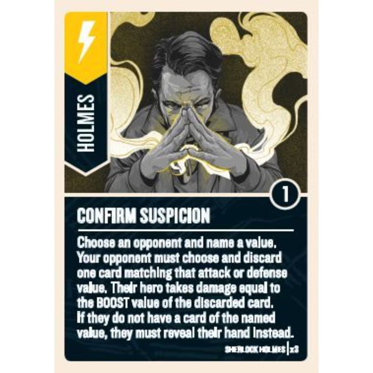 Sherlock Holmes Confirm Suspicion card from Unmatched Cobble and Fog