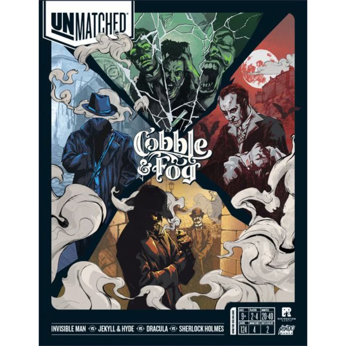 Unmatched Cobble and Fog board game featuring Sherlock Holmes, Dracula, Jekyll and Hyde and Invisible Man