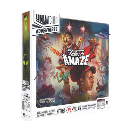 Unmatched Adventures Tales to Amaze board game box showing cooperative heroes versus villains artwork
