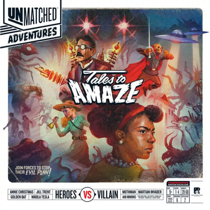 Unmatched Adventures Tales to Amaze cover art with heroes, Mothman, Martian Invader and pulp adventure theme
